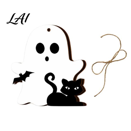 Wooden Halloween Signs Ghost Hanging Sign with Hemp Rope Cute Holiday Wall Art Pendants for Home Party Decorations