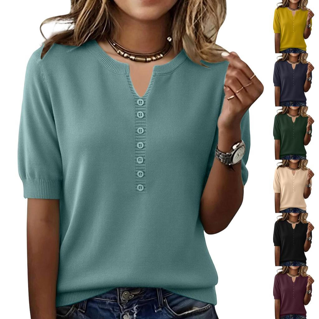 Women’s Short Sleeve Knit Top with Button Front Notched Neckline Pullover Casual Soft Lightweight Sweater Blouse