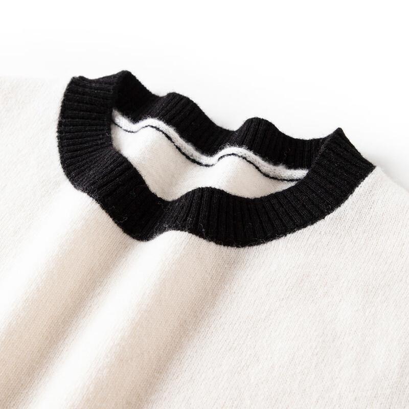 TUHUANG Women's Pure Wool Color Block Crew Neck Pullover Sweater