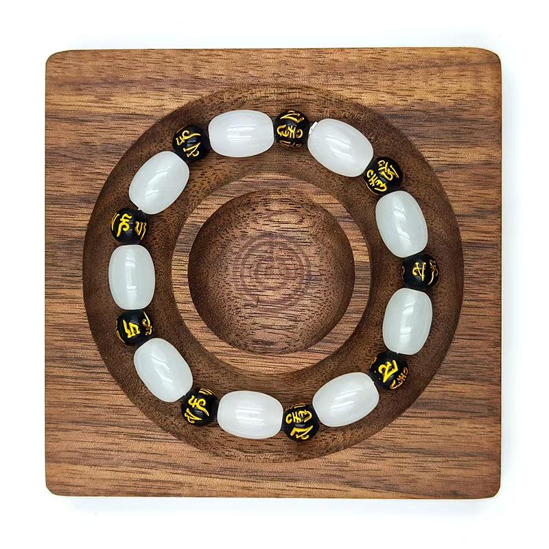 Hetian White Jade Six-Character Mantra Buddhist Barrel Beads Bracelet - Popular Scenic Spot Hand Ornament.