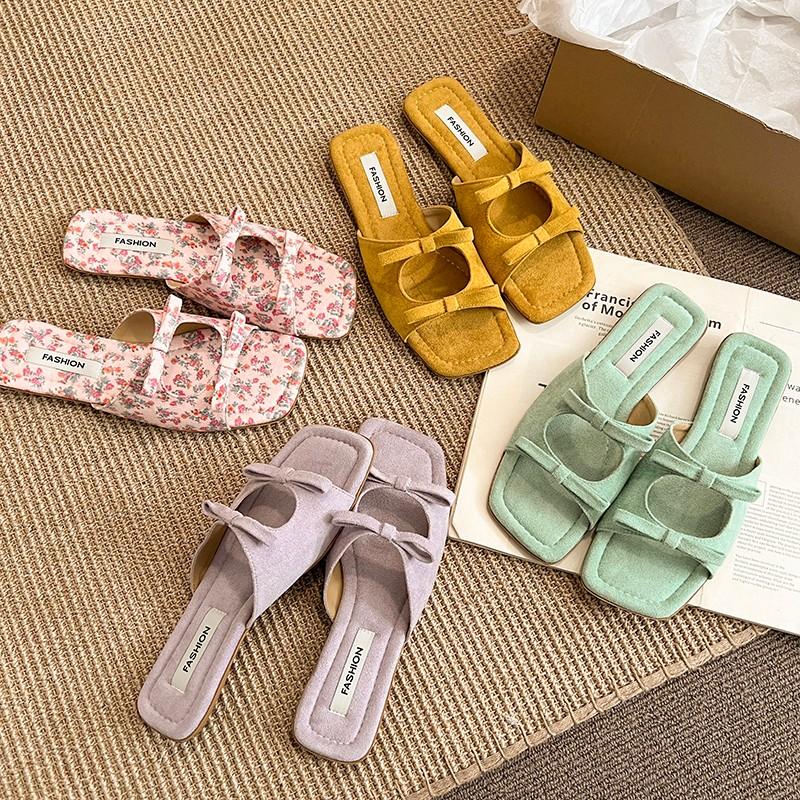 Fashion New Fashion Butterfly-Knot Ladies Flats Slippers Shoes Female Square Toe Summer Beach Slides Slippers Sandals Shoes for Women