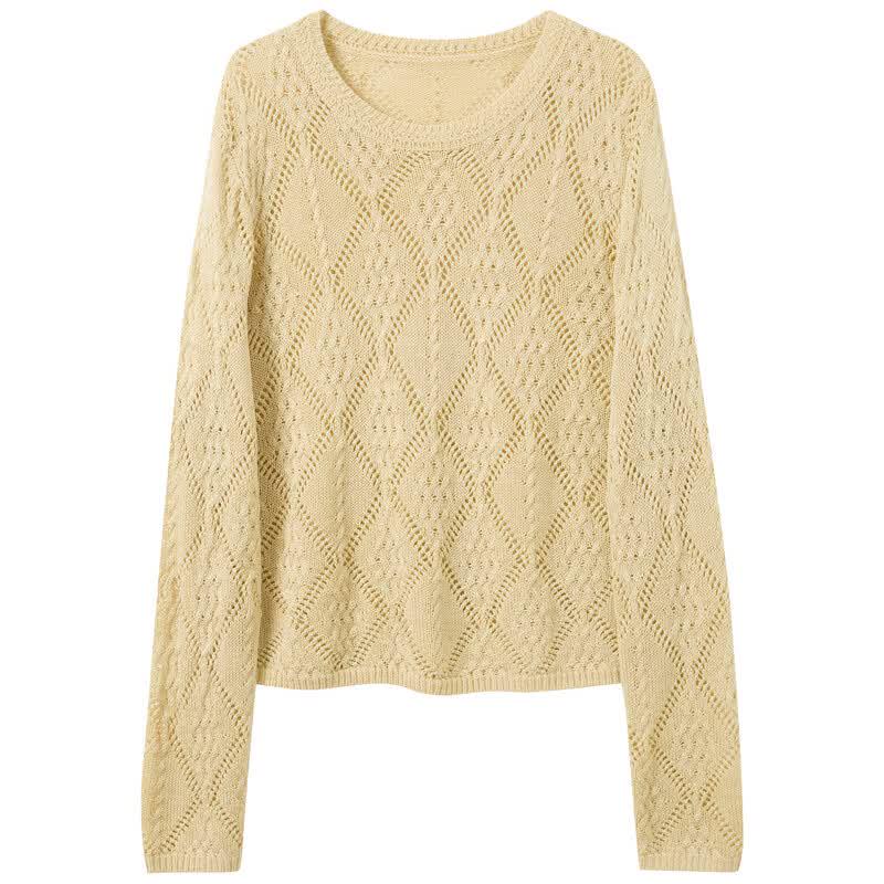 Sancai Women's Round Neck Long Sleeve Hollow Knit Sweater