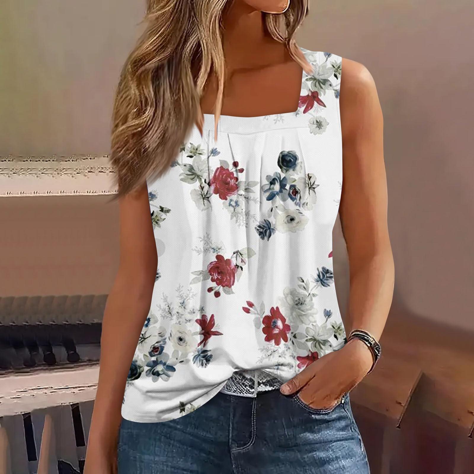 

Женская плиссированная футболка без рукавов с квадратным воротником и принтом L красный