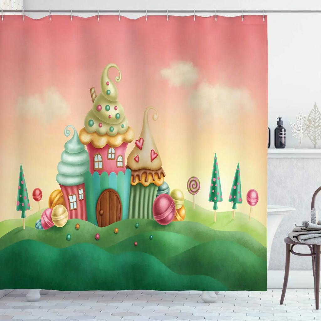 Ice Cream Shower Curtain Summer Flower Rainbow Popsicle Colorful Dots Design Fabric Waterproof Bath Curtain Bathroom Curtain Set