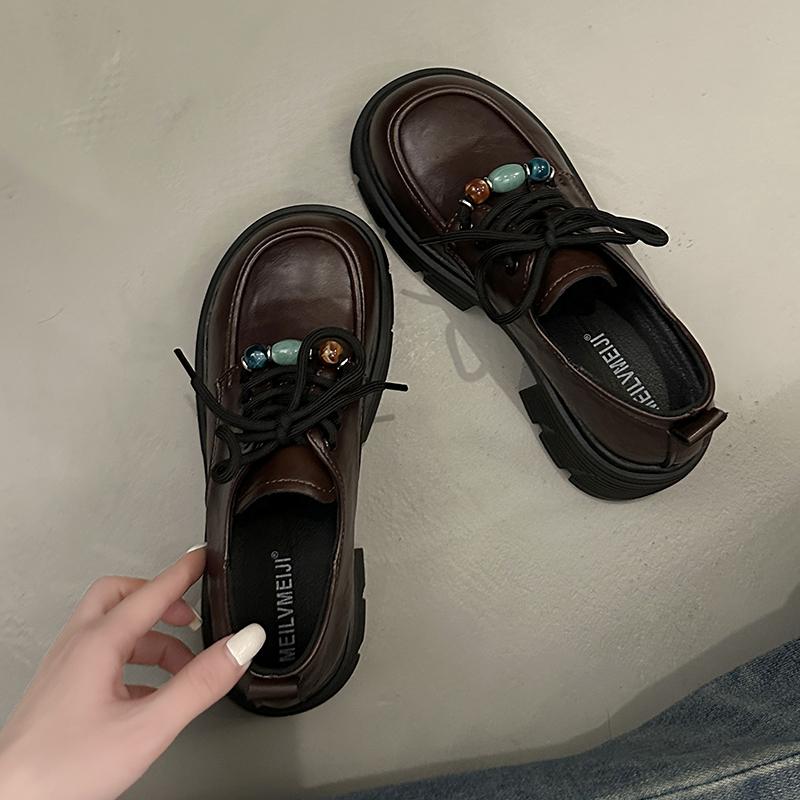 Fashion Retro round-toe beaded small leather shoes 2025 new style versatile British style thick-soled, thick-heeled, lace-up loafers