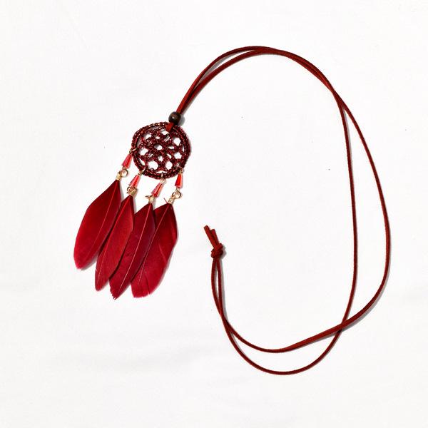 Ethnic Dream Catcher Necklace: Adjustable Velvet Choker with Crystal, Feather, and Clavicle Charms