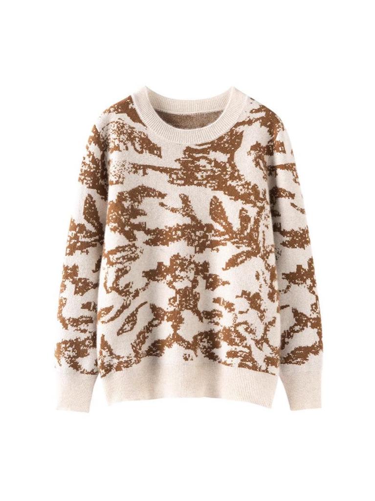 2025 Luxury Cashmere Ink Painting Women's Wool Pullover: Round Neck, Long Sleeve, Loose Fit for Autumn/Winter