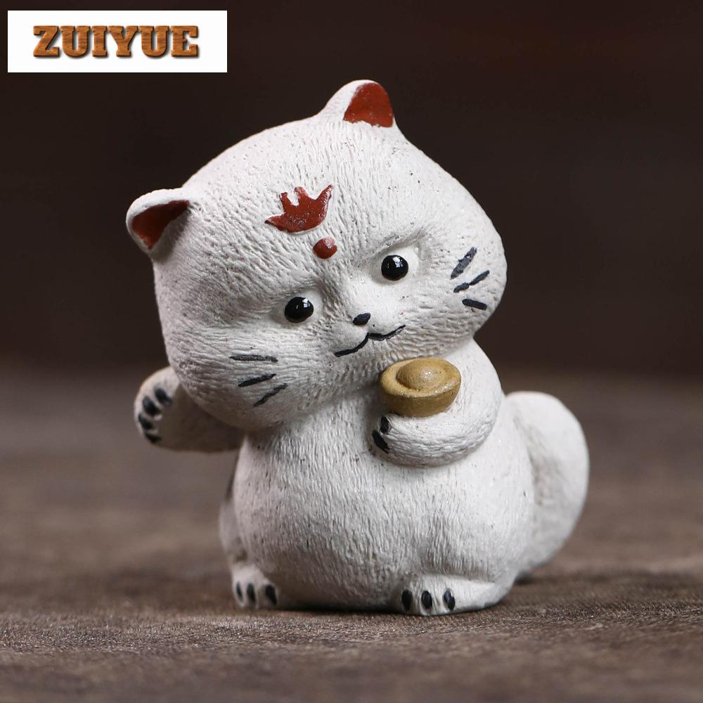 Yixing Zisha Ingot Cute Fortune Cat Tea Pet Vintage Fish Tank Landscaping Tea Figurine Play Toys Tea Statue Ornaments Supplies