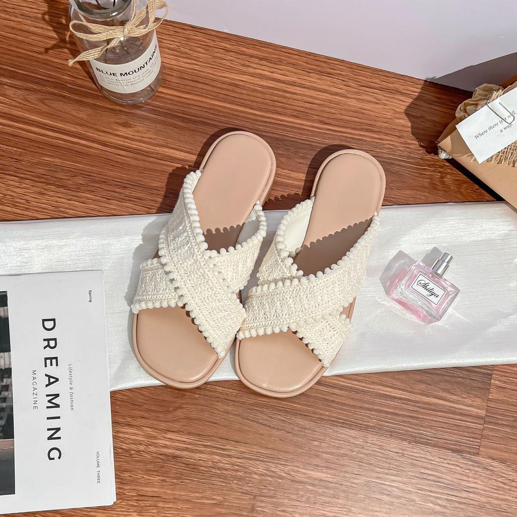 Grape Mother Women's Shoes Wear High-end Sense Small Fragrant Style Woven Cross-belt Flat-bottomed Slippers Women's Temperament Gentle Style