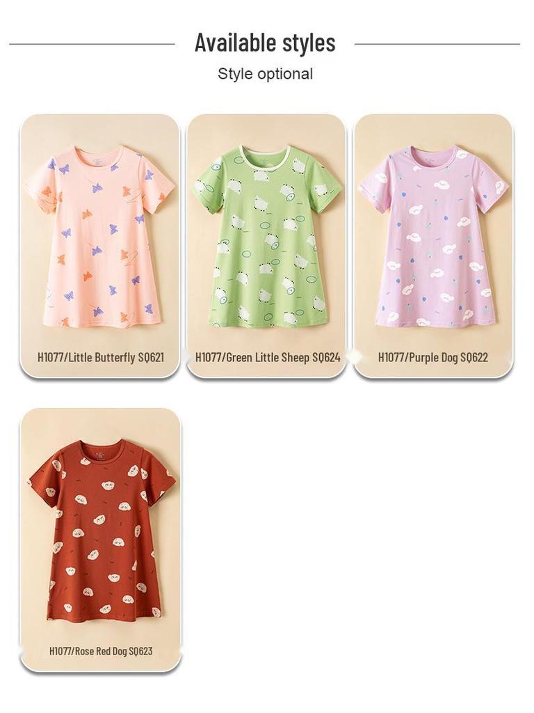 Girls' Antibacterial Cotton Cartoon Pajamas - Short Sleeve Summer Nightgown