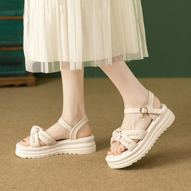 

Fashionable Round Toe and Thick Sole Comfortable Sandals for Women Summer New Elegant Pearl Wedge Sandals with Fish Mouth 35 бежевий