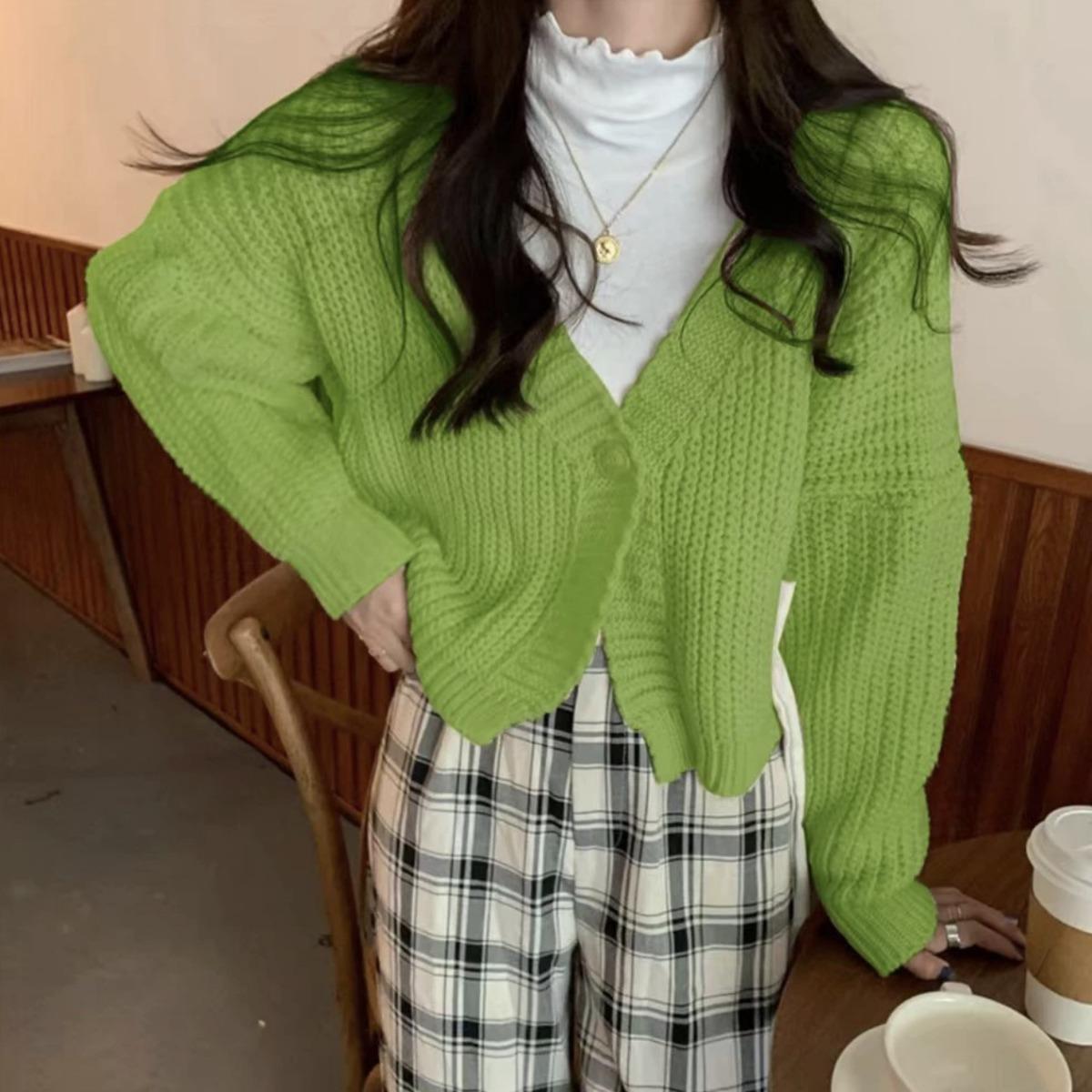 

Вязаный кардиган для девочек свободного кроя с короткими рукавами и одной пуговицей one size трава зеленый