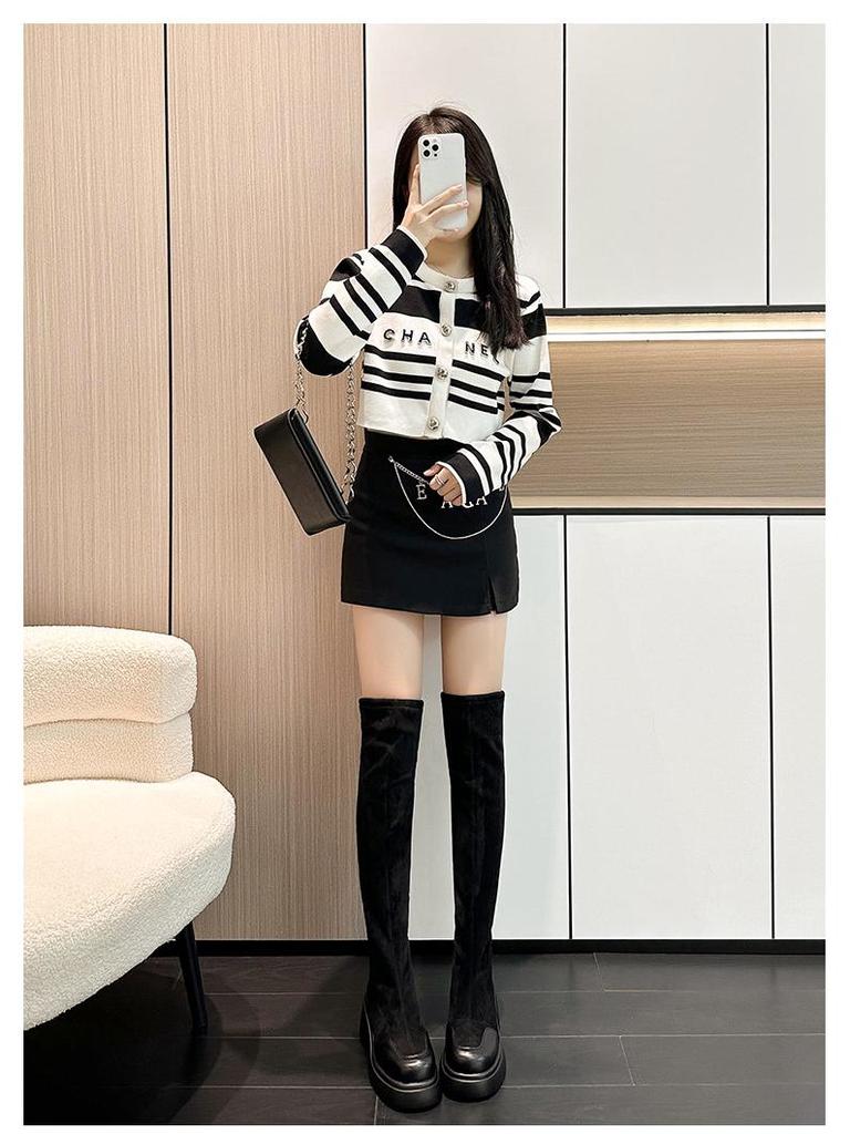 Wide Fit Over-the-Knee Elastic Sheepskin Velvet Boots, Plus Size for Autumn/Winter with Thick Sole.