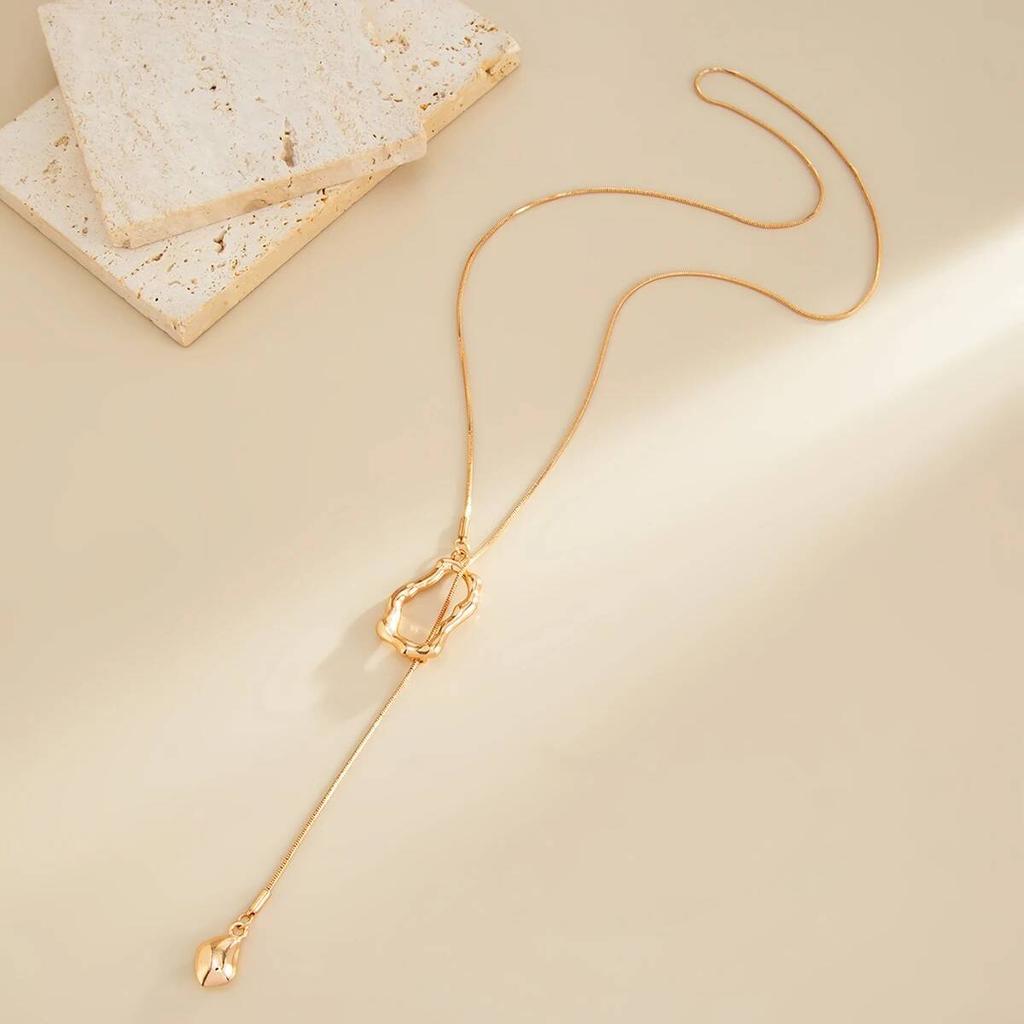Salircon Punk Simple Long Chain Necklace for Woman Geometric Hollowout Pendant Sweater Chains Gold Color Trendy Jewelry On Neck
