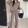 Mode Anzug Damen Koreanische Version Locker Gestreiftes Strickoberteil Zweiteiliges Set, Lässige Hochtaillierte Fallendes Gefühl Gestrickte Weitbein Hose