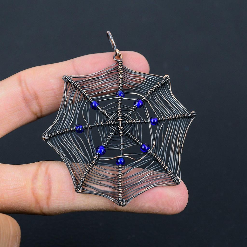 Spider Web Shaped Blue Topaz Gemstone Pure Copper Wire Wrapped Handmade Pendant Jewelry