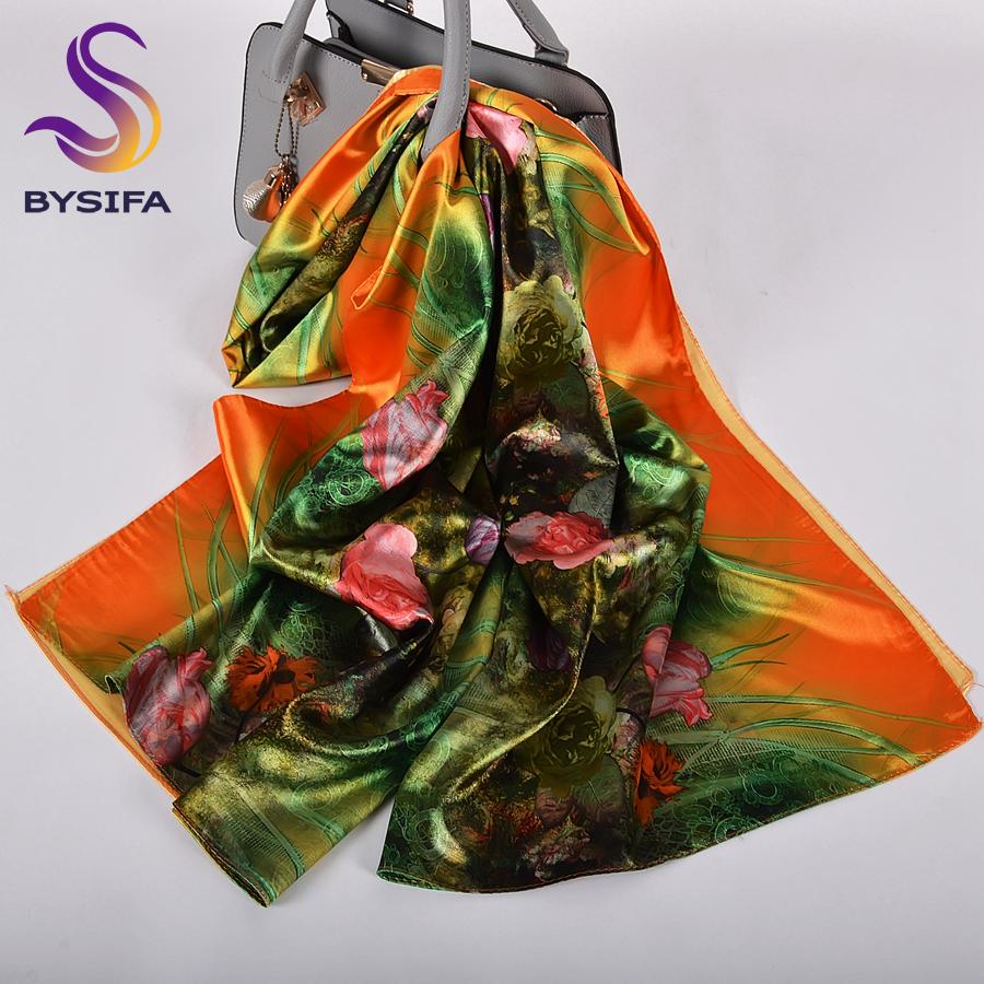 [BYSIFA] Fall New Silk Scarf Hijab Printed Elegant Green Plum Blossom Satin Long Scarves Shawls Winter Women Accessories Wraps
