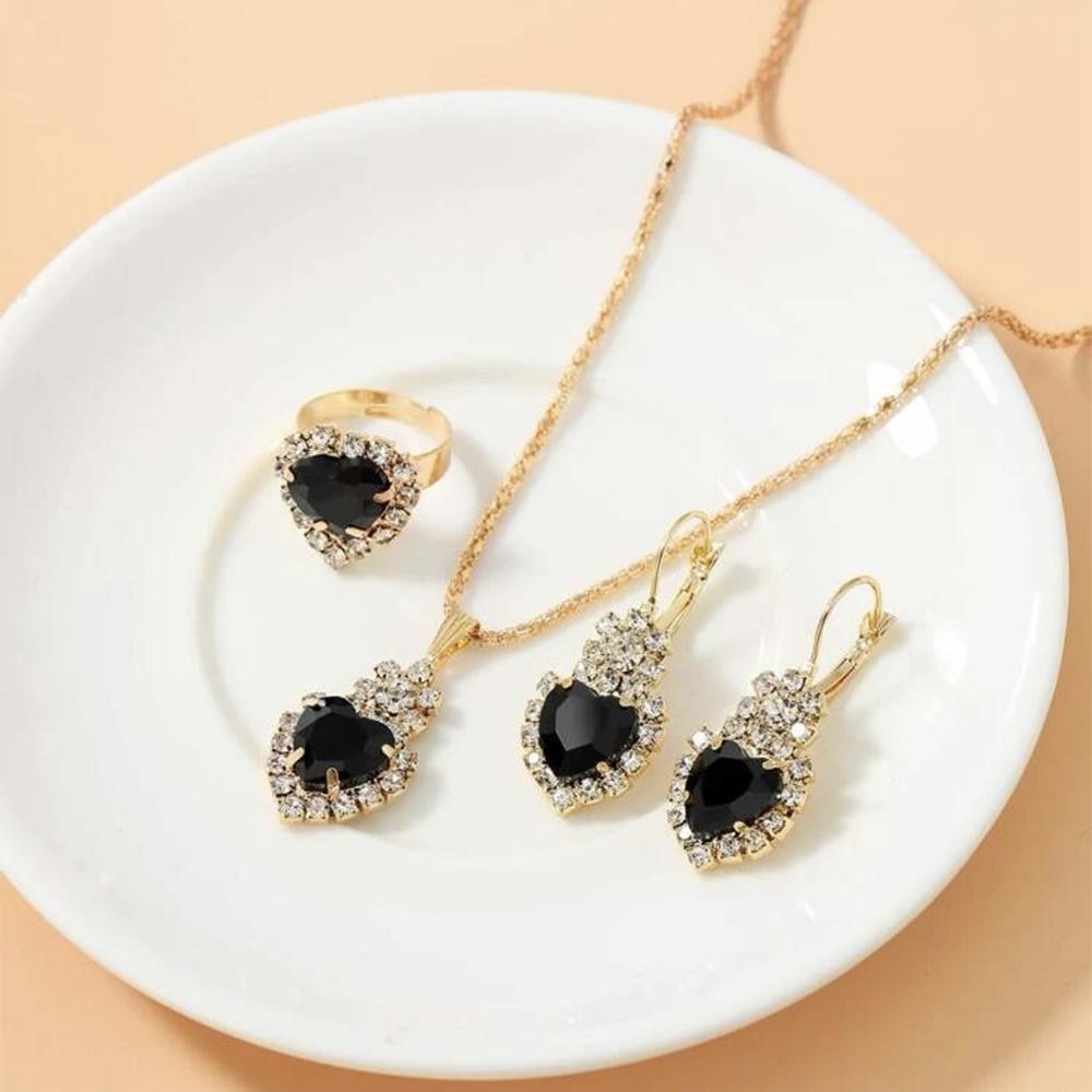 4 Piece Set Women Black Water Droplet Love Water Diamond Necklace Earrings Ring Zircon Fashionable Exquisite Suitable Party