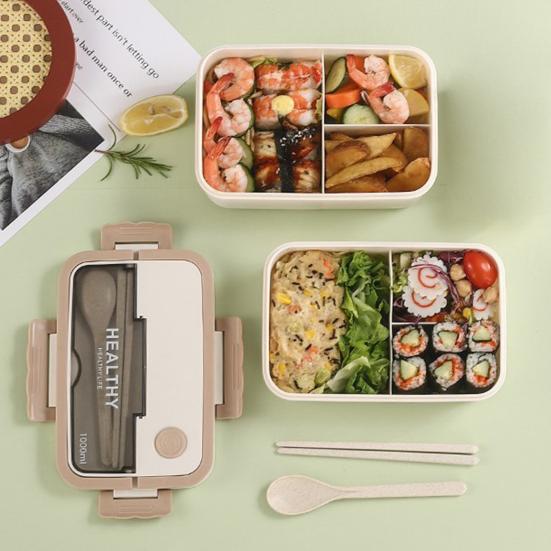 1 Set 1000/1500ML Lunch Box 3 Grids Hidden Handle Buckle Closure Dust-proof Lid Heat Resistant