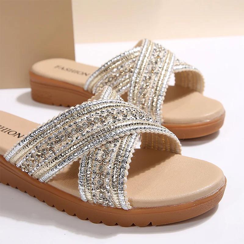 Fashion Shiny Crystal Wedges Sandals for Women Plus Size Cross Band Platform Party Slippers Woman 2025 Summer Thick Sole Non Slip Shoes