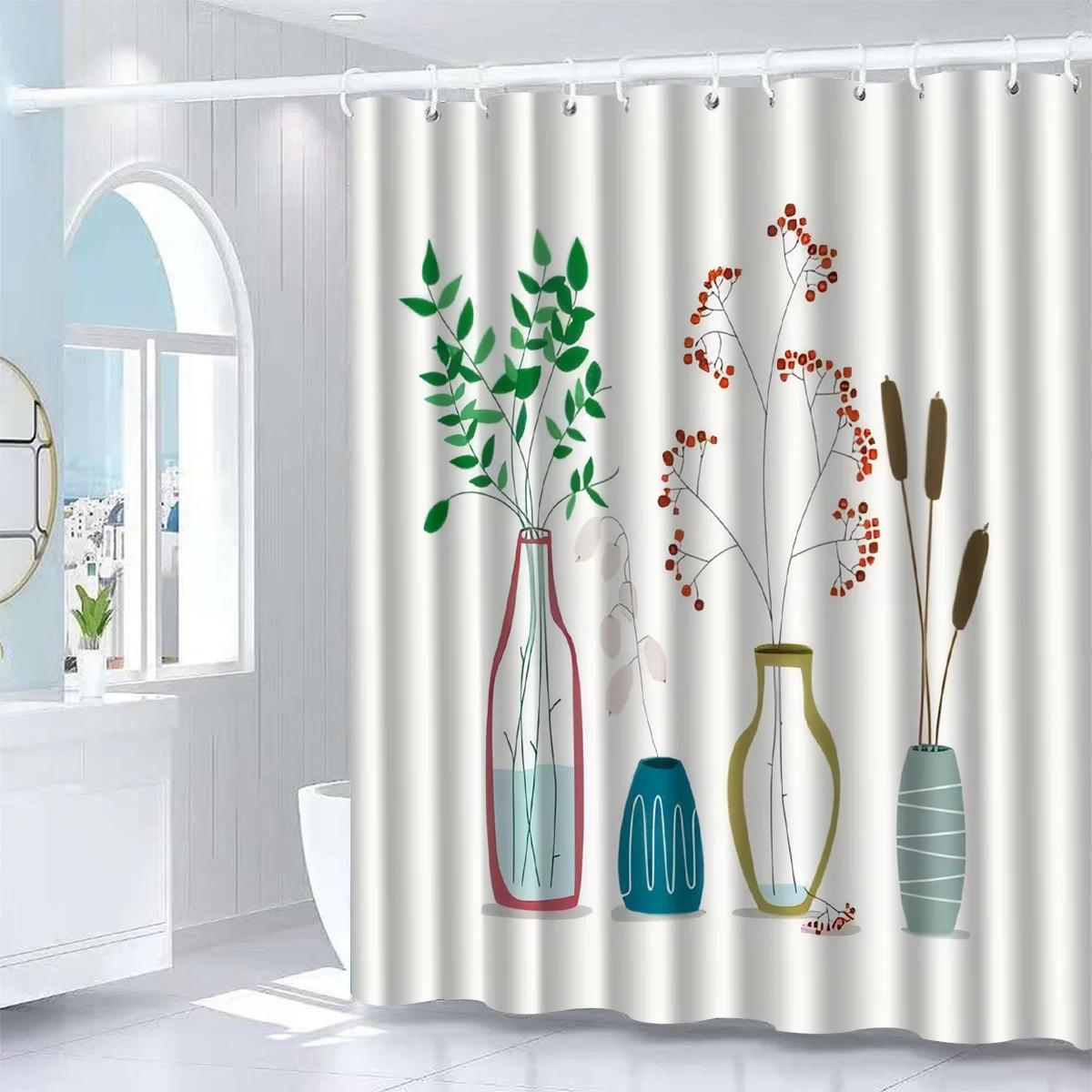 

Elegant Shower Curtain - Green Leaf & Vase Design, Machine Washable Polyester, Artistic Botanical Pattern For Modern Bathrooms W60H190(CM)-1 Pcs