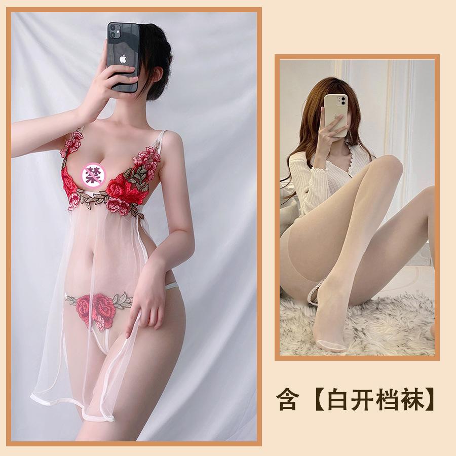 Sexy Lingerie Sexy Suspender Split Nightdress Rose Embroidered Lace Mesh Seduction Nightdress Salesian Suit
