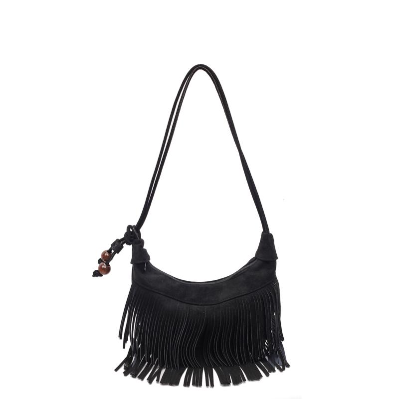 

2025 Autumn Fashion Classic Style Faux Suede Tassel Shoulder Bags Solid Zipper Popularity Personality Crossbody Bags for Women чёрный