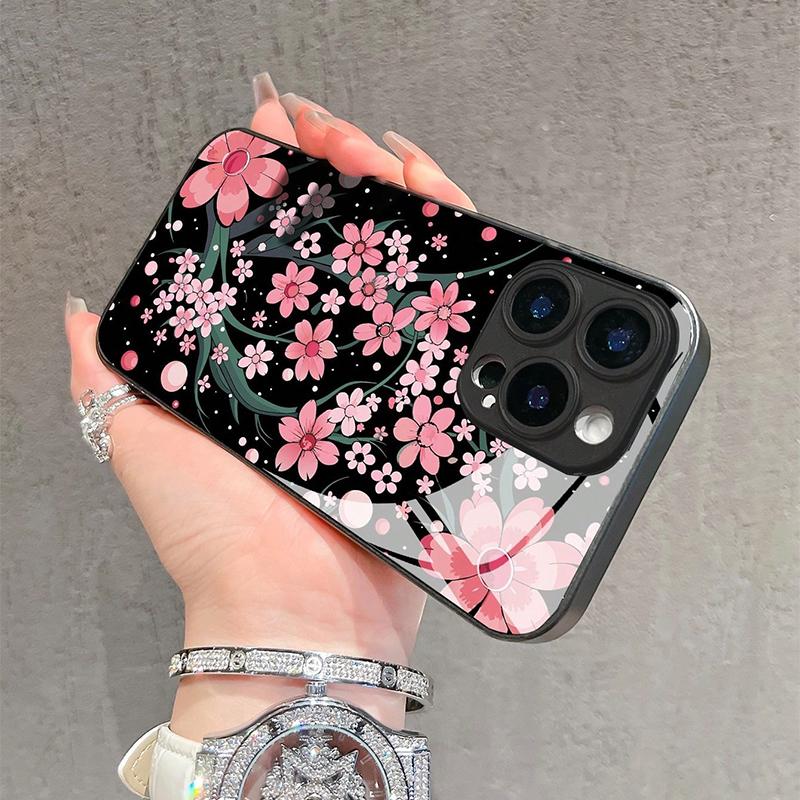 Pink Sakura Floral Pattern Tempered Glass Phone Case For iPhone 17 16 15 14 13 12 11 Pro Max 17Air 16E 7 8 Plus XR XS X Cover