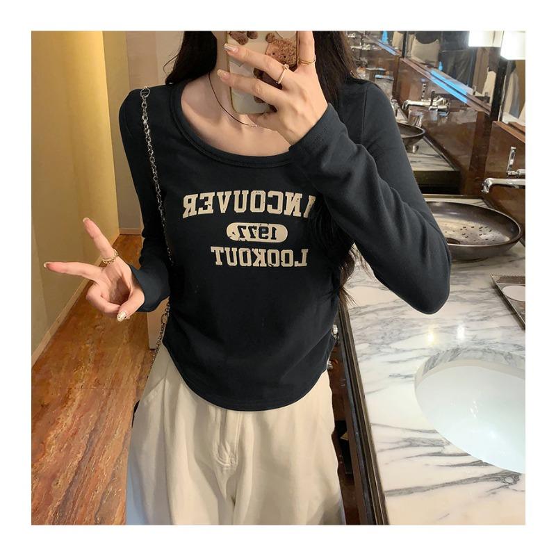 Pure Desire Straight Shoulder Round Neck Long Sleeve T-shirt for Women Early Autumn New Sweet Slim Base Shirt Top
