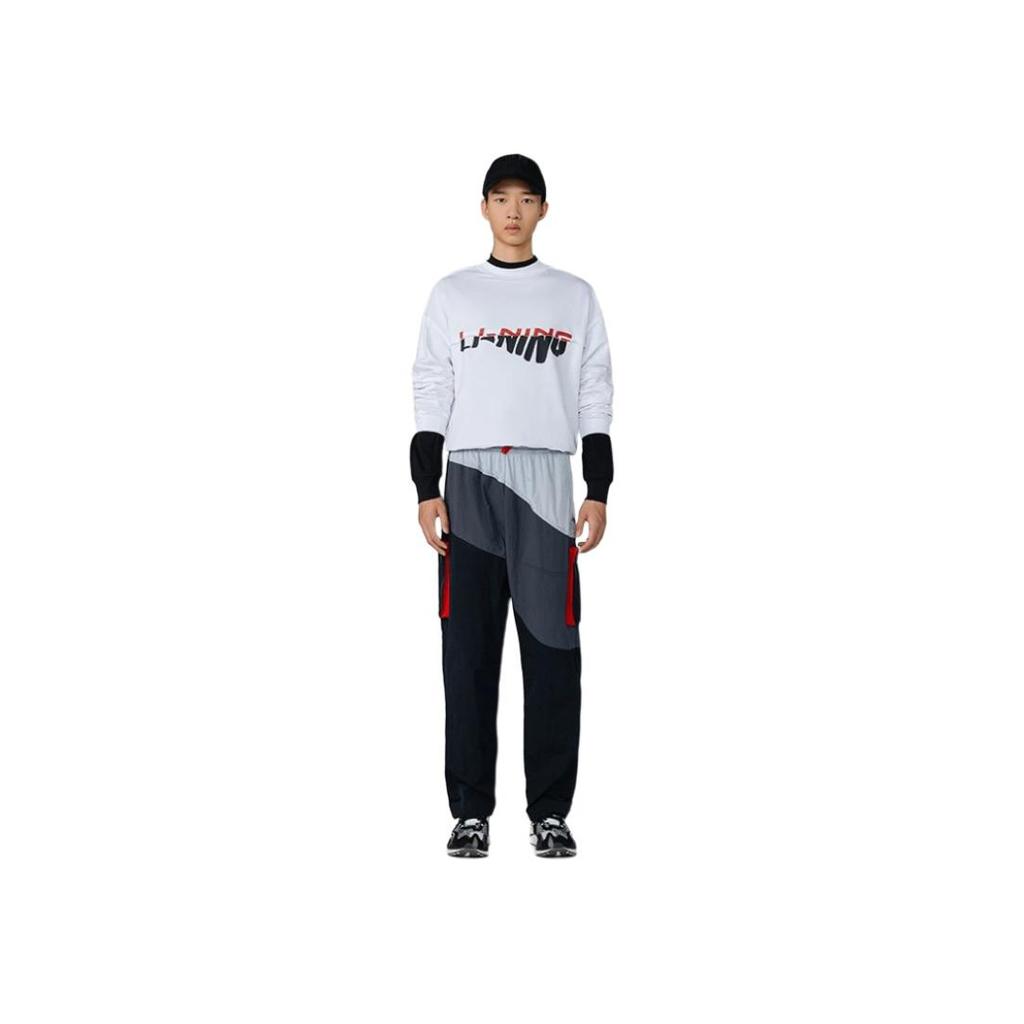 Li Ning Sports Basketball Series Fun Logo Print Loose Round Neck Pullover Sweatshirt Men sweatshirt White AWDRA57-6