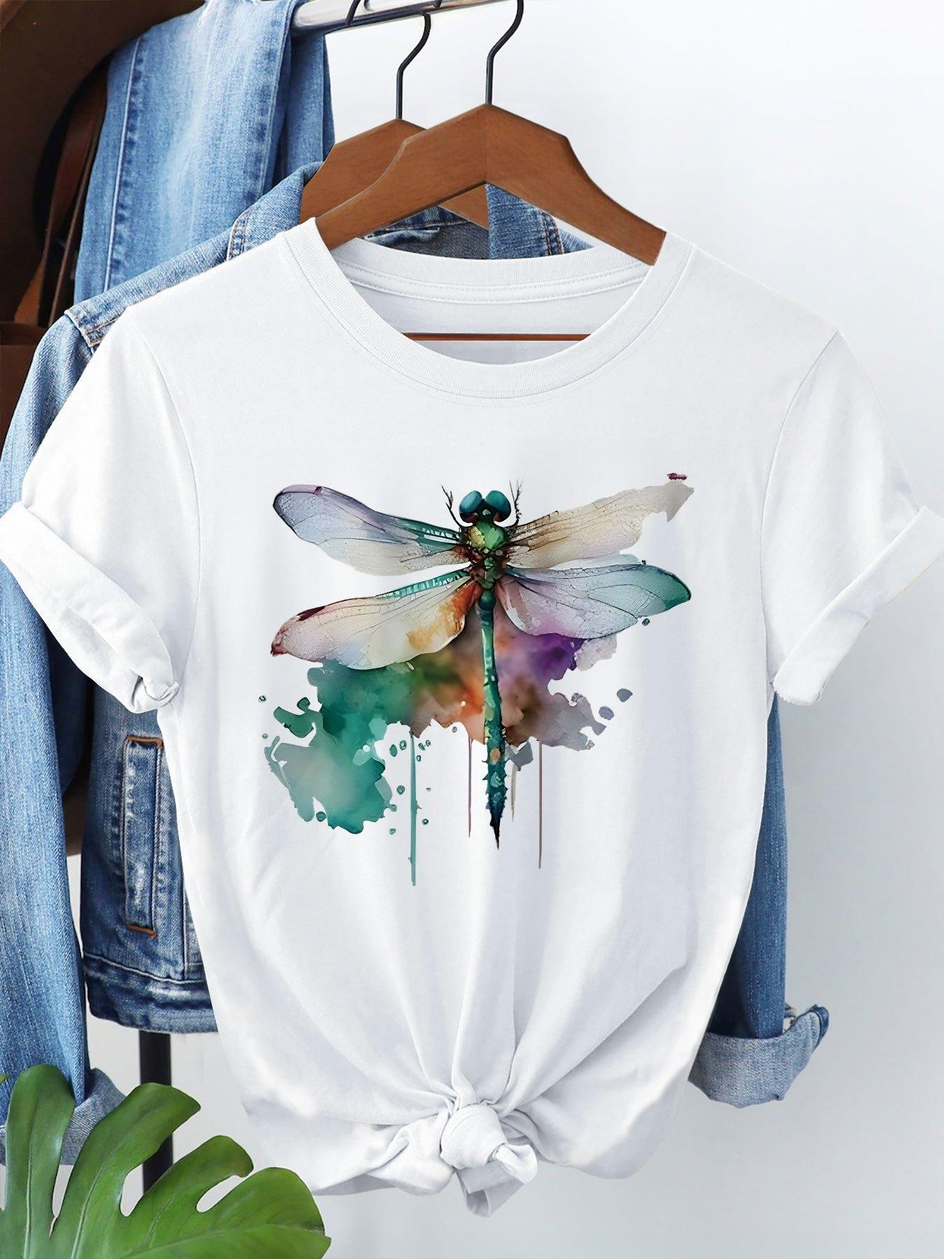 

Womens Casual Short Sleeve Crew Neck TShirt Watercolor Dragonfly Ink Splatter Graphic Print Comfortable Women Clothing 4XL