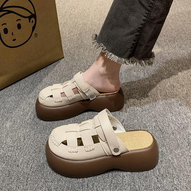 Two Wear Hollowed-out Bag Head Sandals Women's 2025 New Hole Hole Mori Roman Shoes Platform Half Slippers Women's Summer Wear