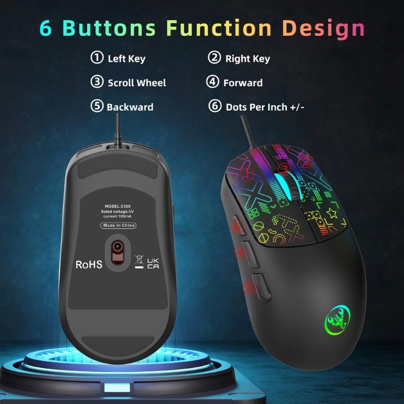 6 Button RGBs Illuminates Corded Mouse 3600DPI Precisions Tracking For Gaming Office Use With AntiSlip Scroll Wheel