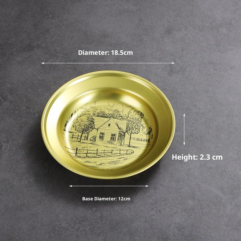 1Pc Retro Round Tinplate Storage Tray Desktop Disc for Fruit Snacks Pastries Desserts Candy - Household Kitchen Food Organizer