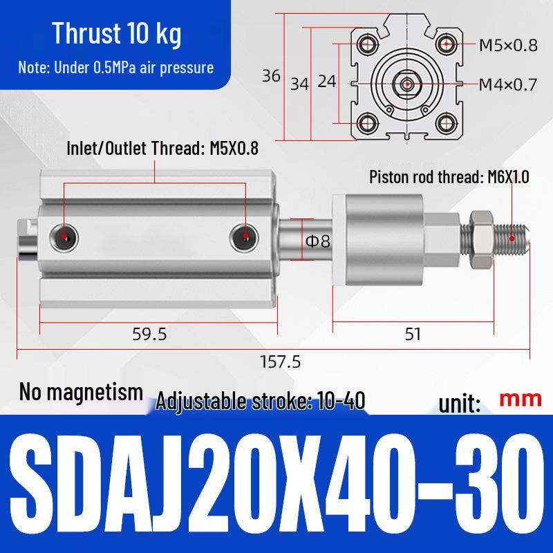 Adjustable Stroke Pneumatic Thin Cylinder - Piston Rod Sizes: 16/20/25/32/40/63