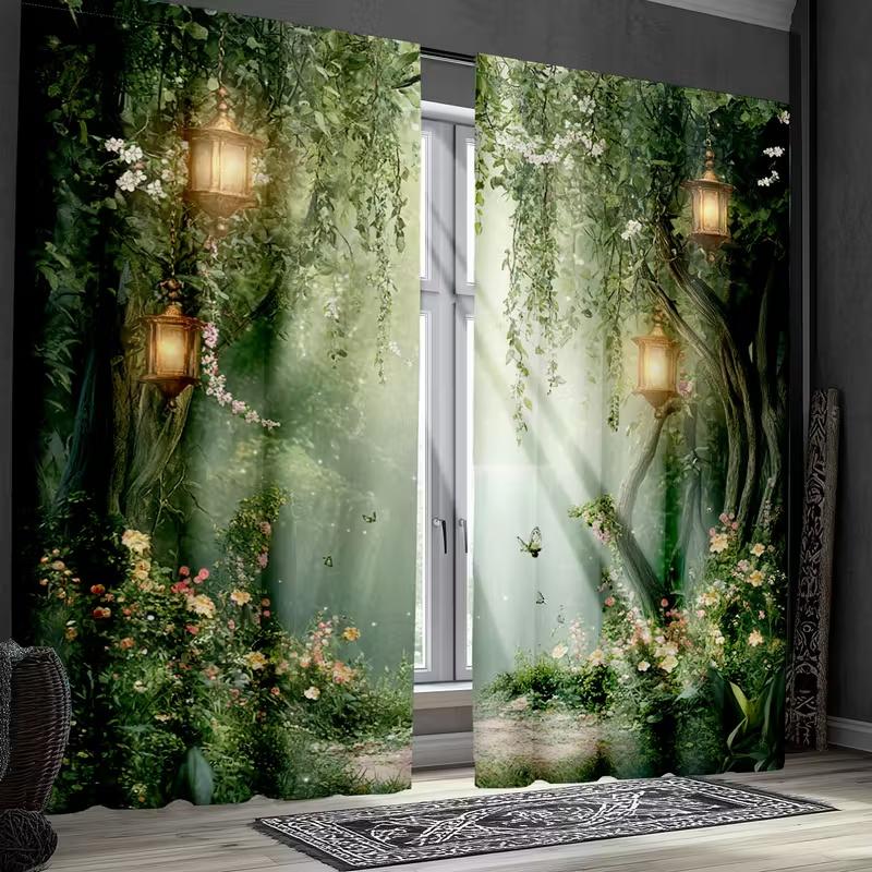 

2 Pcs Psychedelic Forest print curtains,suitable for bedroom,living room kitchen decoration,home decoration,window decoration 14Wx39L(35x100CM)x2&Rod Pocket
