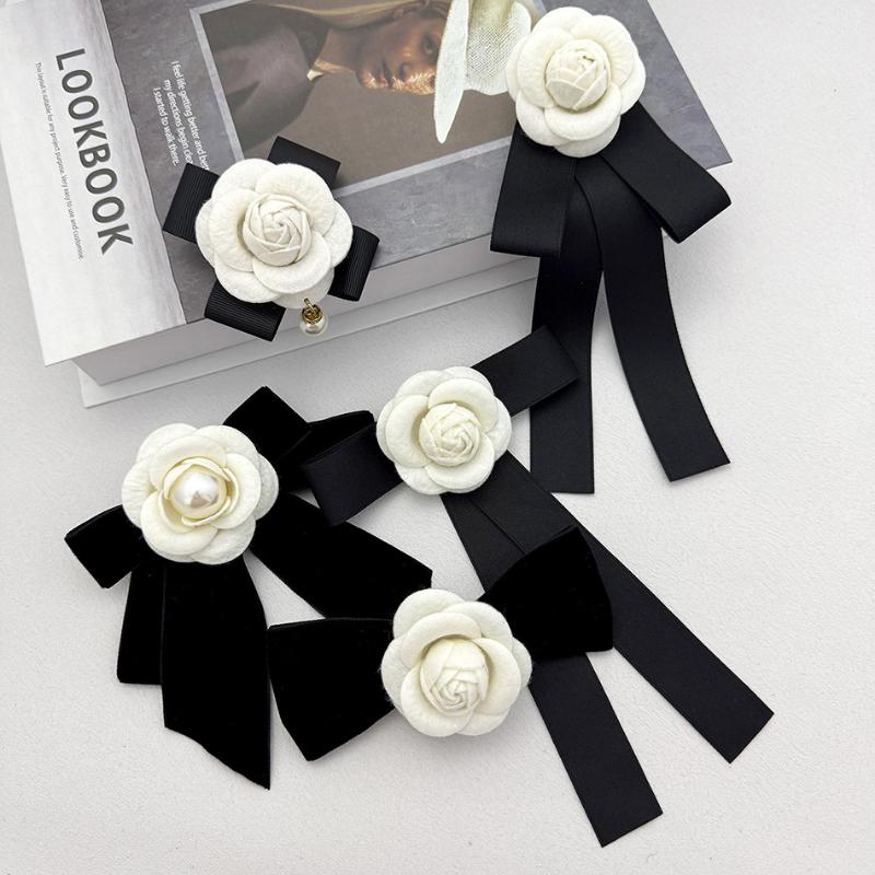 Retro Black Bow Brooches For Women Fabric Camellia Flower Pearl Shirt Collar Pins Corsage Clothing Accessories Jewelry Gifts