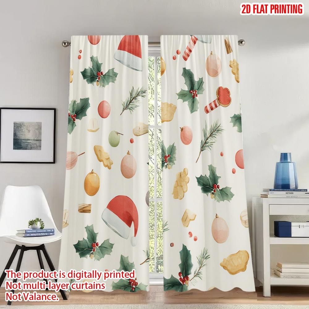 

2pcs 2D flat printing Christmas Curtains Christmas Holly Mitten Digital Printed Polyester Drapes Party Decorations Use for 100*130 Grommet Top 1pcs