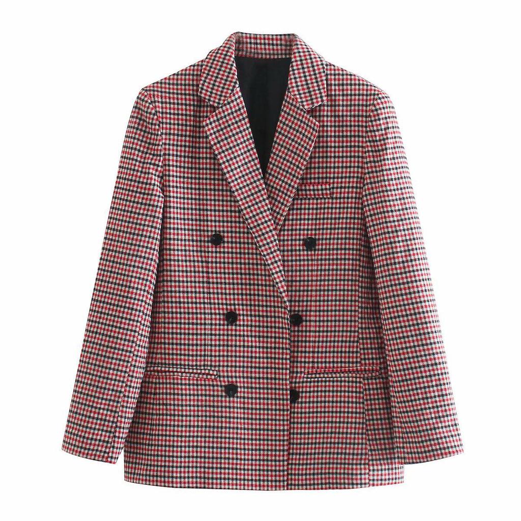 European & American Style Women's Plaid Double-Breasted Suit Jacket - Autumn 2024 Top 5 Colors