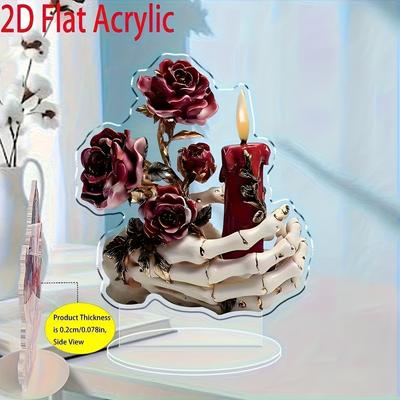 2D Flat Vintage Black and Red Roses Candle Holders Acrylic Decoration Plaque, Suitable for Wall Decoration, Porch, Room, Villa, Accents Home, Hallway