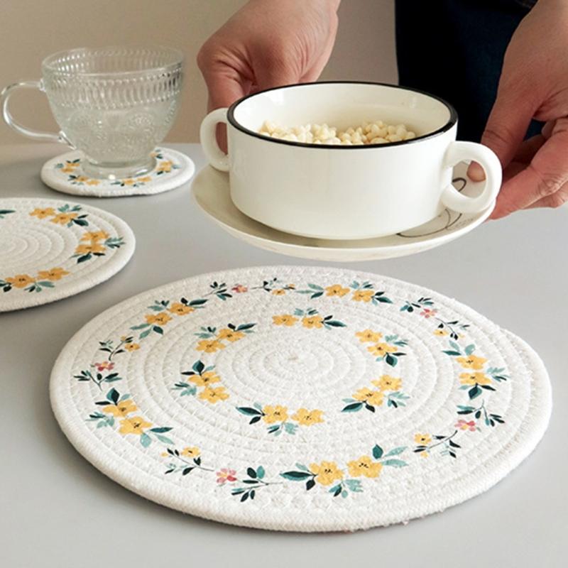 Cotton Coasters Pad Heat Protective Round Placemat Dishwasher Safe Surfaces Protectors for Hot Utensils Table top