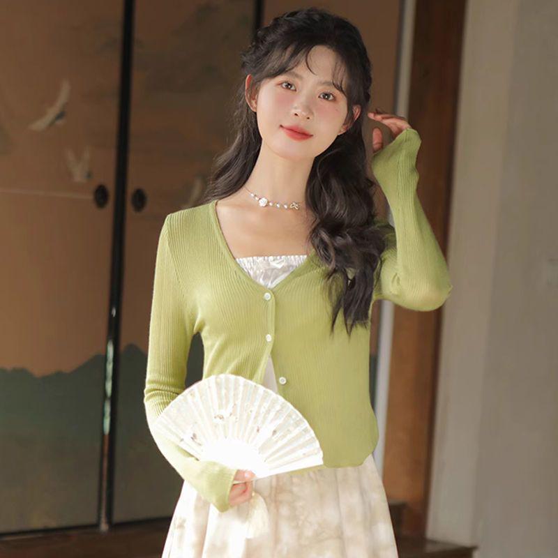 Women s 2026 Summer Knit Cardigan  Camisole Dress Set - French Tea Break Two-Piece Small зеленого кардигана
