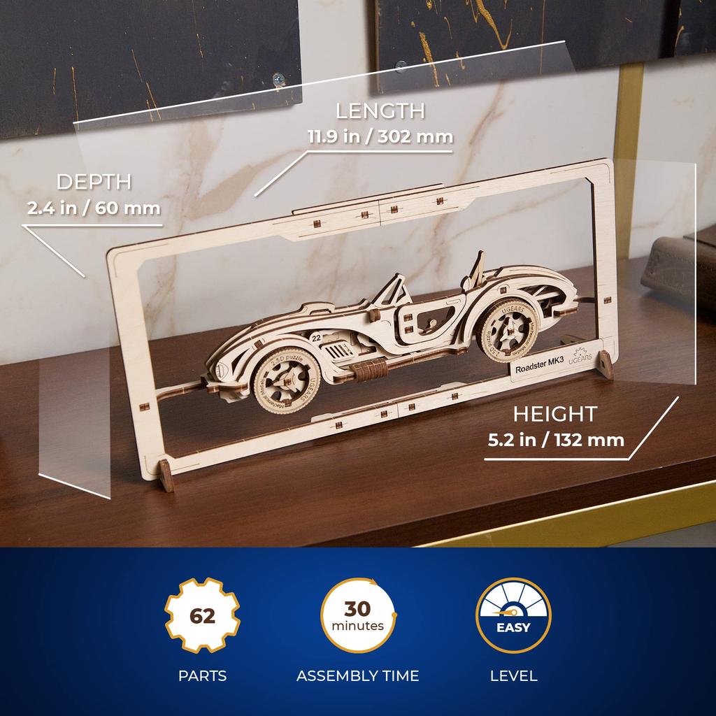 Ugears Roadster MK3 Puzzle 70195 Roadster MK3 Puzzle Wooden Block DIY Puzzle Assembly Imagination Creativity Toy Educational Wooden Puzzle 3D Craft