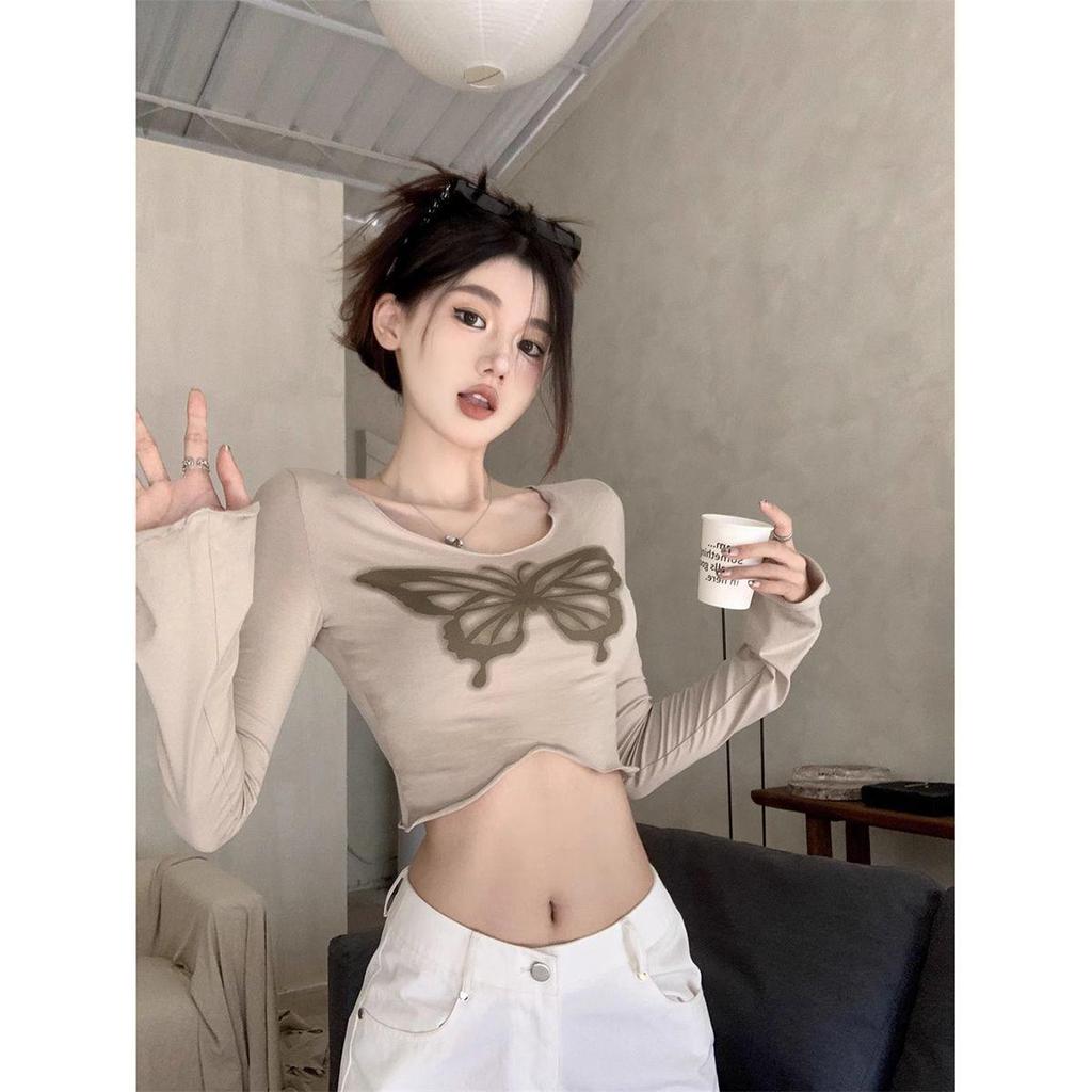 Taiwan Spicy Girl Butterfly Print Long Sleeve Collarbone T-shirt for Women