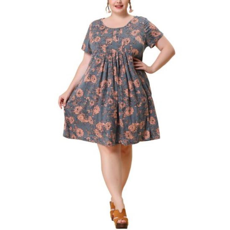 Plus Size Floral Print Short Dress Women Round Neck Short Sleeve Loose Fit Flowy Hem Pleated Detail XL серый