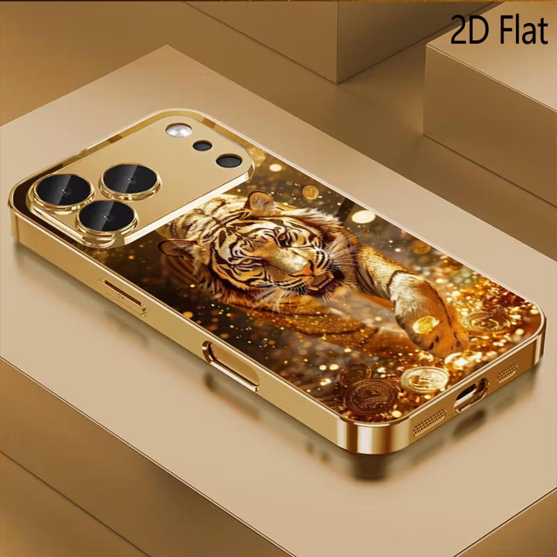 Golden Tiger Patterned tempered glass design for iPhone16 17 ProMax 1514 1312 11ProMax Phone Case Camera Cover Shockproof Hard B