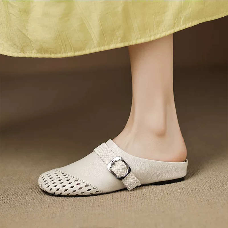 Soft leather version~ woven hollow bag head half slippers women wear Muller shoes outside in summer, lazy cool slippers women