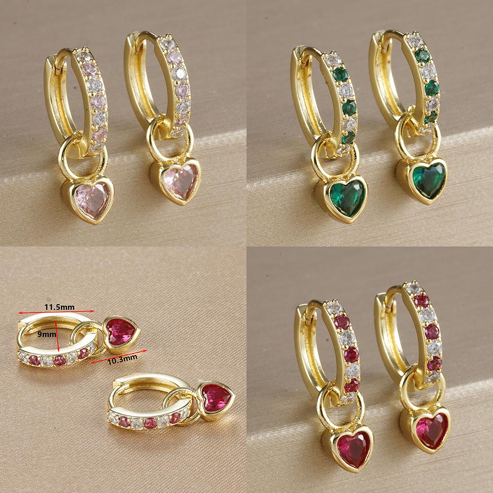 2PCS Luxury Colorful Heart Pendant Earrings Exquisite Multicolor Zircon Stainless Steel Hoop Earrings for Women Fashion Jewelry