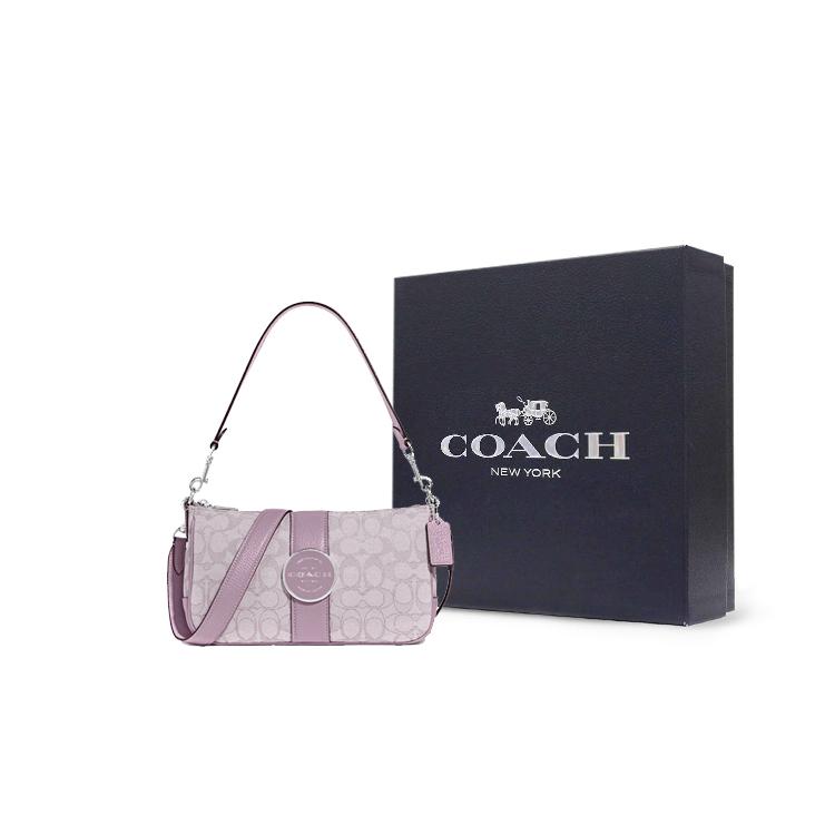New COACH Lonnie Jacquard Fabric With Leather Shoulder Bag, Portable Crossbody Bag Medium Size Women's Lilac Purple C8306-SVSOT