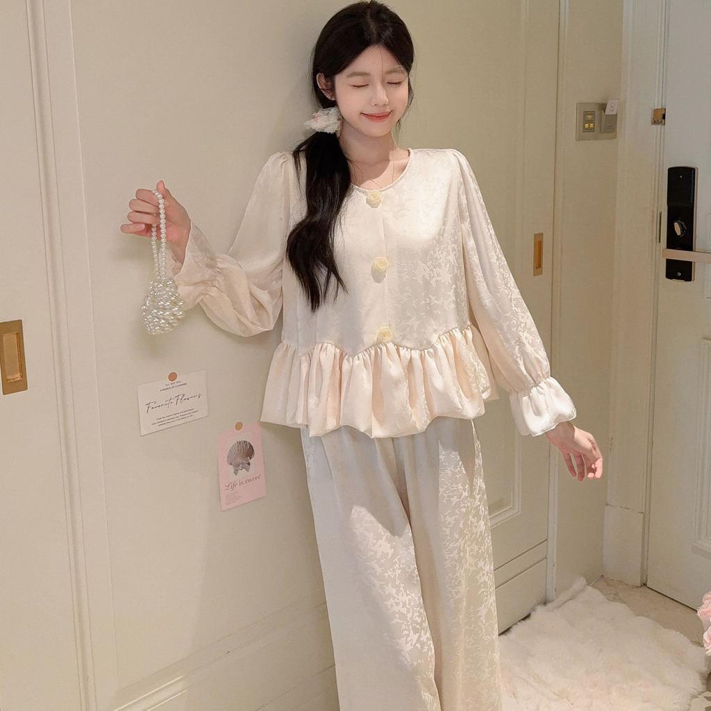 French Pajamas Women's Spring and Autumn 1011 New High-end Butterfly Jacquard Long-sleeved Trousers Loungewear Set Can Be Worn Outside